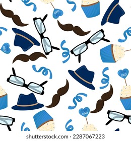 Seamless man pattern with eyeglasses, mustache, hat, cupcake and confetti. Vector illustration.