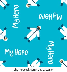 Seamless Man With Protective Suit And Type Pattern. Coronavirus Theme. Vector Illustration EPS 10