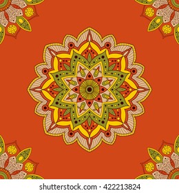 Seamless mandala arabic pattern for wrapping paper, fabric or wallpaper. Hand drawn oriental ornament india background. Indian, ethnic, tribal, peru, floral motifs.