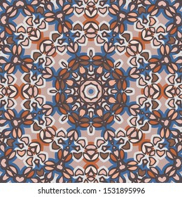 Seamless mandala background in blue and red. Vector illustration. Use this pattern in the design of carpet, shawl, pillow, textile, ceramic tiles 