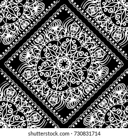 Seamless mandala floral pattern for design. vector Illustration. Black, white. For scrapbooking, wallpaper, cases for smartphones, print, surface texture, pillows, bags.