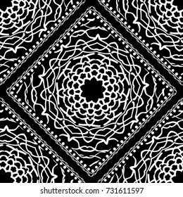 Seamless mandala floral pattern for design. vector Illustration. Black, white. For scrapbooking, wallpaper, cases for smartphones, print, surface texture, pillows, bags.