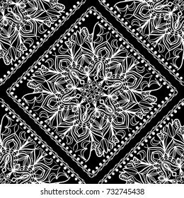 Seamless mandala floral pattern for design. vector Illustration. Black, white. For scrapbooking, wallpaper, cases for smartphones, print, surface texture, pillows, bags.