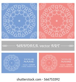 Seamless mandala floral patterns and business cards set with round geometric ornament. Symbol for logo, icon, label, emblem. Thin line vector