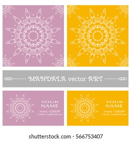 Seamless mandala floral patterns and business cards set with round geometric ornament. Symbol for logo, icon, label, emblem. Thin line vector