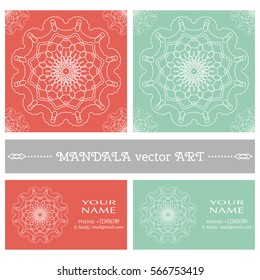 Seamless mandala floral patterns and business cards set with round geometric ornament. Symbol for logo, icon, label, emblem. Thin line vector