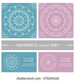 Seamless mandala floral patterns and business cards set with round geometric ornament. Symbol for logo, icon, label, emblem. Thin line vector