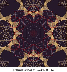 Seamless mandala geometric ancient symbol. Flower of life Merkaba lotus isolated dark brown background.