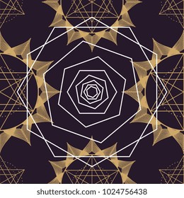 Seamless mandala geometric ancient symbol. Flower of life Merkaba lotus isolated dark brown background.