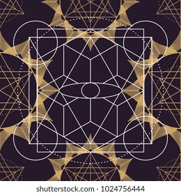 Seamless mandala geometric ancient symbol. Flower of life Merkaba lotus isolated dark brown background.