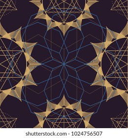Seamless mandala geometric ancient symbol. Flower of life Merkaba lotus isolated dark brown background.