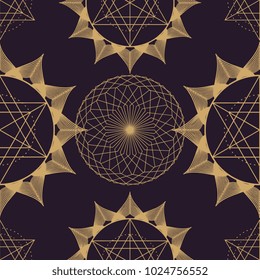 Seamless mandala geometric ancient symbol. Flower of life Merkaba lotus isolated dark brown background.