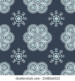 Seamless Mandala light design blue background concept of flowers, circles,Flowers, triangle and dots in ocean blue,white pattern.medallion ornamental allover seamless pattern.blue background vector.