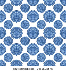 Nahtloses Mandala- und Motivmuster für Bildschirmhintergrund, Fliese, Textil, Teppich, Tasche, Hemd und Stoff. Blau-Weiß wiederholt Textur.