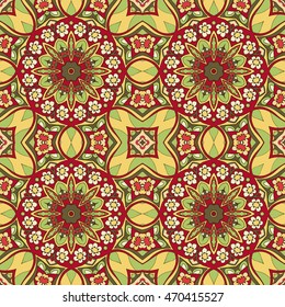 Seamless Mandala. Seamless oriental pattern. Doodle drawing. Hand drawing. Snowflake, floral motifs. Yellow and red