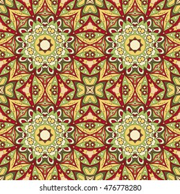 Seamless Mandala. Seamless oriental pattern. Doodle drawing. Hand drawing. Yoga, relaxation, floral motifs. Yellow and red colors