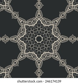 Seamless mandala in outlines over gray background. Tribal oriental design. Ornate ornamental art.