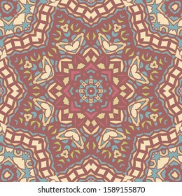 Seamless mandala pattern for decoration in red. yellow and  blue . Print for paper wallpaper, tiles, textiles.