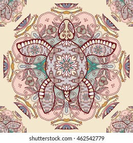 Seamless mandala pattern with decorative stylized turtle. Vector tribal totem animal illustration. Zentangle style seamless background svg
