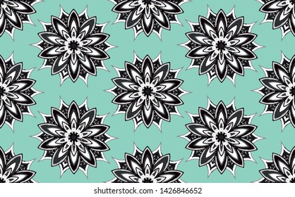 Seamless mandala pattern design. Neo mint background