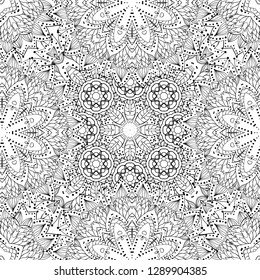 Seamless mandala pattern. Duotone white and black illustration coloring