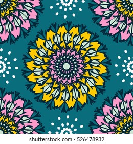 Seamless mandala pattern. For fabric, cloth design, wallpaper. All elements are not cropped and hidden under mask. Bright colors 