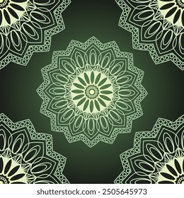 A seamless mandala pattern featuring intricate designs in dark green and light green hues. The harmonious blend of moss green tones creates a calming and balanced visual, perfect for various projects.