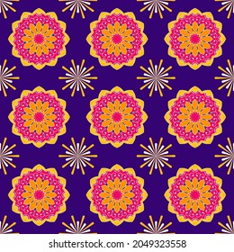 Seamless Mandala Pattern And Fireworks Background.