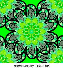 Seamless mandala pattern. Hand drawn green ornament decoration.