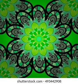 Seamless mandala pattern. Hand drawn green ornament decoration.