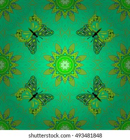 Seamless mandala pattern. Hand drawn green ornament decoration with butterflies.