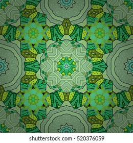 Seamless mandala pattern. Hand drawn green ornament decoration. Indian, oriental, tribal, floral mandala, mexican print.