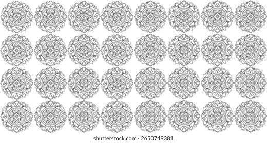 Seamless mandala pattern with intricate black line floral design on a white background. Ideal for coloring pages and decorative use. Keywords: mandala, floral, seamless, pattern, design.