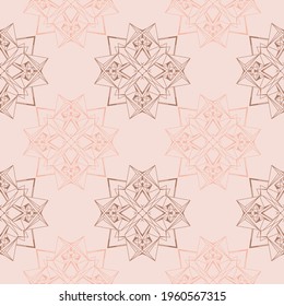 Patrón de mandala sin foco. El fondo es abstracto en tonos rosas.