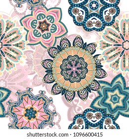 Seamless mandala pattern for printing on fabric or paper. Hand drawn background. Colorful, pastel print.