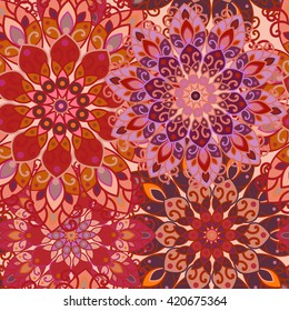 Seamless mandala pattern for printing on fabric or paper. Hand drawn background. Colorful, bright print.