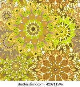 Seamless mandala pattern for printing on fabric or paper. Hand drawn background. Colorful, bright print.