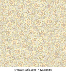 Seamless mandala pattern for printing on fabric or paper. Islam, Arabic, Indian, ottoman motifs. Laced decorative background with round floral and geometric ornament. Hand drawn. Boho festival style.