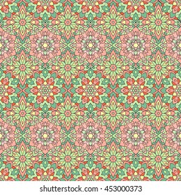 Seamless mandala pattern for printing on fabric or paper. Islam, Arabic, Indian, ottoman motifs. Laced decorative background with round floral and geometric ornament. Hand drawn. Boho festival style.