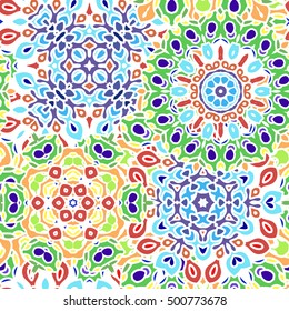 Seamless mandala pattern for printing on fabric or paper. Hand drawn background. Colorful, bright print.
