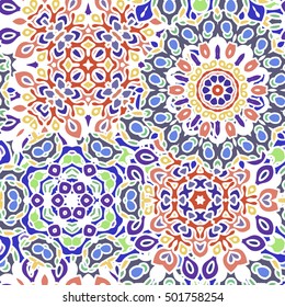 Seamless mandala pattern for printing on fabric or paper. Hand drawn background. Colorful, bright print.