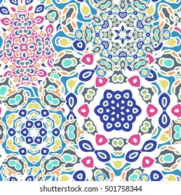 Seamless mandala pattern for printing on fabric or paper. Hand drawn background. Colorful, bright print.