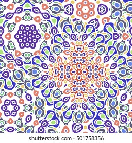 Seamless mandala pattern for printing on fabric or paper. Hand drawn background. Colorful, bright print.
