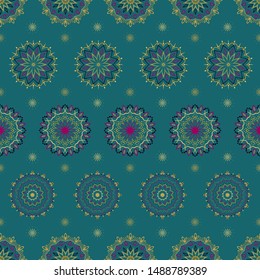 Seamless mandala pattern in shades of gold, navy, purple and turquoise.
