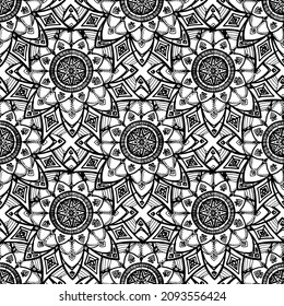 seamless mandala pattern. texture intersecting with each other in a geometric pattern with a circular pattern. seamless pattern of a black mandala line, stylized as a flower on a white 
