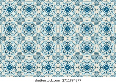 Patrón de mandala sin fisuras con adorno floral tailandés en tonos azules. Elegante fondo decorativo geométrico para textiles, Fondo de pantalla, embalaje y diseño cultural asiático.