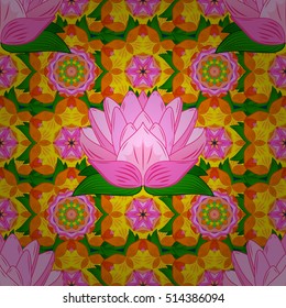 Seamless mandala pattern in turquoise green, pink and pale orange on floral yellow background.