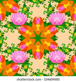 Seamless mandala pattern in turquoise green, pink and pale orange on floral yellow background.