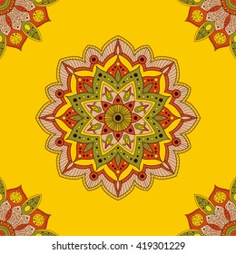 Seamless mandala pattern for wrapping paper, fabric or wallpaper. Hand drawn oriental ornament india background. Indian, ethnic, tribal, peru, floral motifs.