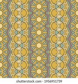 Seamless  mandala pattern in yellow gray blue for border. Repeated oriental motif for fabric or paper design.  Ribbons.